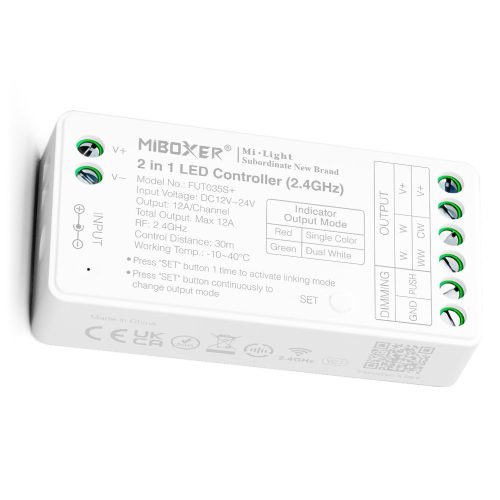 MiLight FUT035S+ 2 az 1-ben LED vezérlő egyszínű és CCT szalagokhoz, 12A