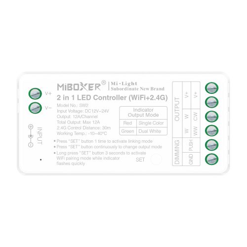 MiLight FUT035W+ 2 az 1-ben LED vezérlő egyszínű és CCT szalagokhoz, WIFI, 12A