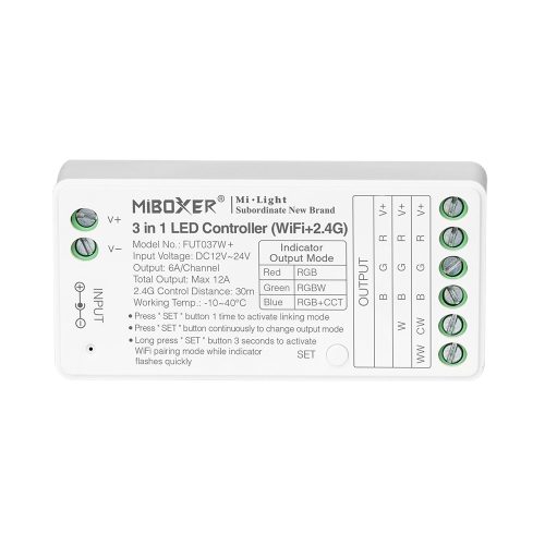 MiLight FUT037W+ 3 az 1-ben LED vezérlő RGB, RGBW, RGB-CCT szalagokhoz,  WIFI, 12A