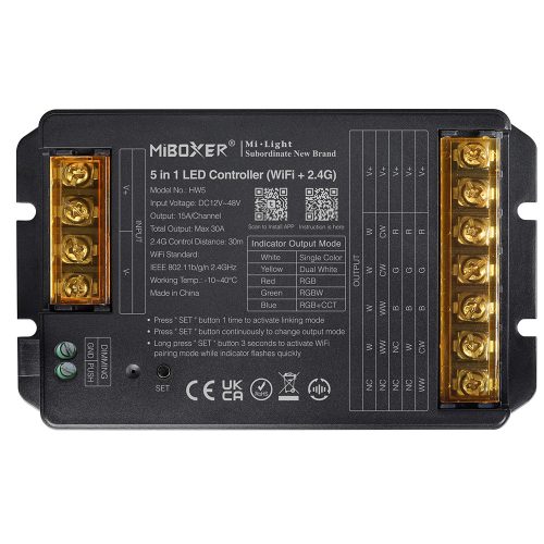 MiLight HW5 5 az 1-ben LED vezérlő egyszínű, CCT, RGB, RGBW, RGB+CCT szalagokhoz, WIFI, 30A