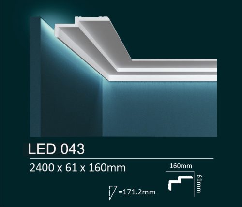 Dubai Decor LED043 rejtett világításos/holker díszléc 2400 x 61 x 160 mm