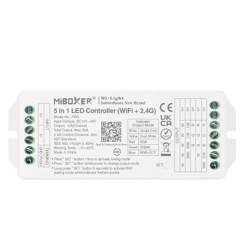 MiLight PW5 5 az 1-ben LED vezérlő egyszínű, CCT, RGB, RGBW, RGB+CCT szalagokhoz, WIFI, 20A